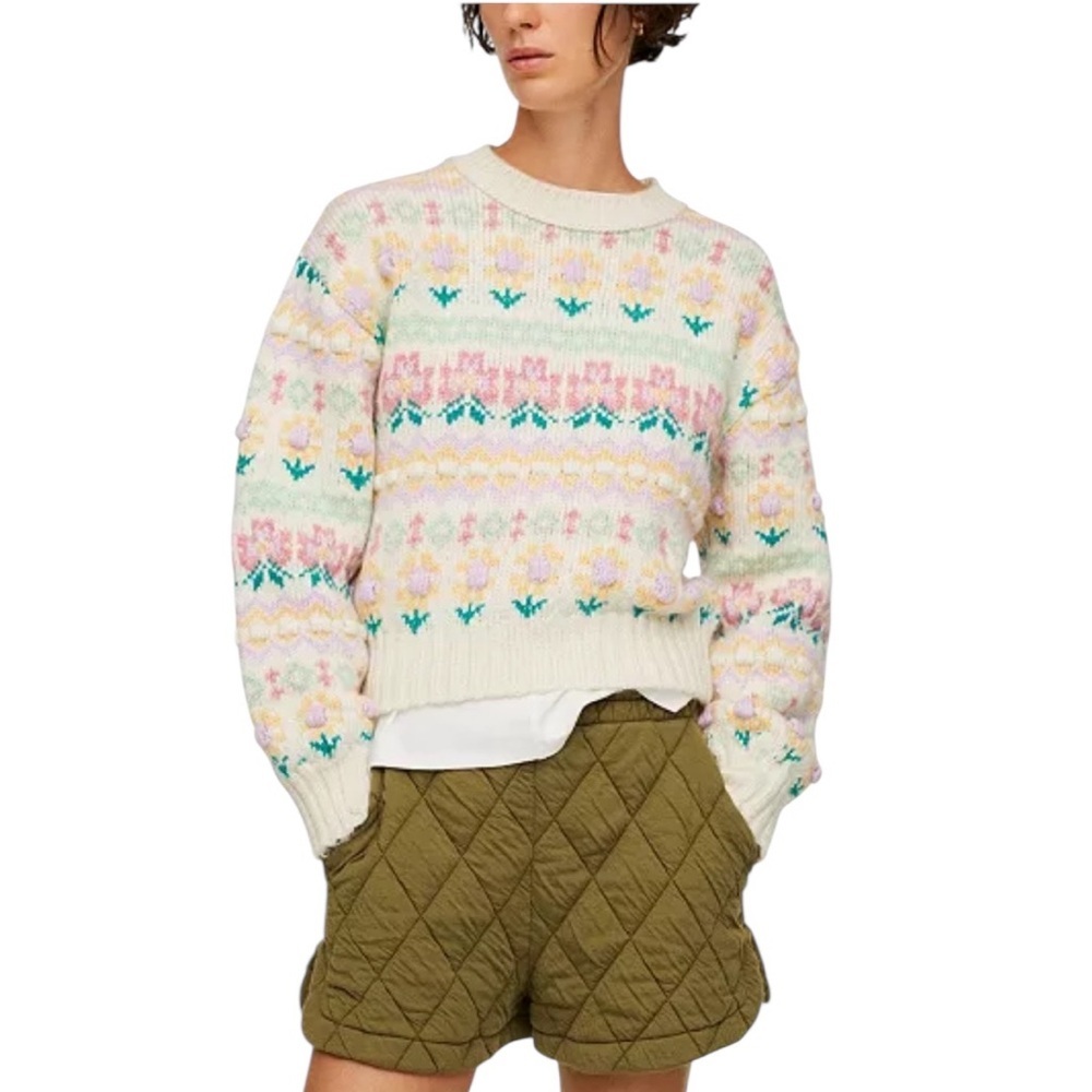 Mango multicolor pastel floral crewneck knit sweater spring Easter